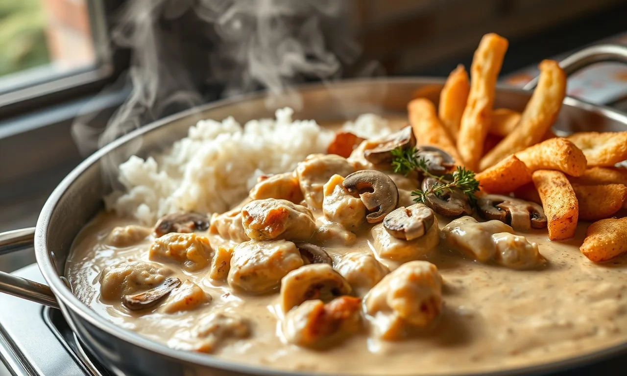 Uma panela de pressão grande e funda transbordando de strogonoff de frango cremoso, com pedaços dourados de frango visíveis no molho bege claro e brilhante, guarnecido com champignons fatiados.