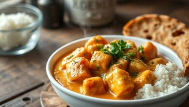 Tigela branca com strogonoff cremoso de frango, cubos dourados cobertos por molho aveludado alaranjado, finalizado com salsinha fresca