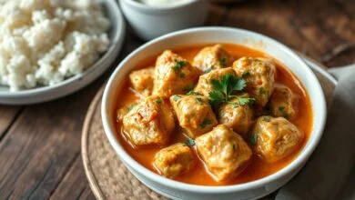 Strogonoff cremoso de frango com molho aveludado à base de tomate natural, finalizado com salsinha fresca e acompanhado de arroz branco