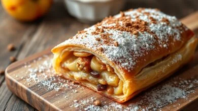 Strudel dourado e crocante, fatiado, com recheio de maçã e canela visível.