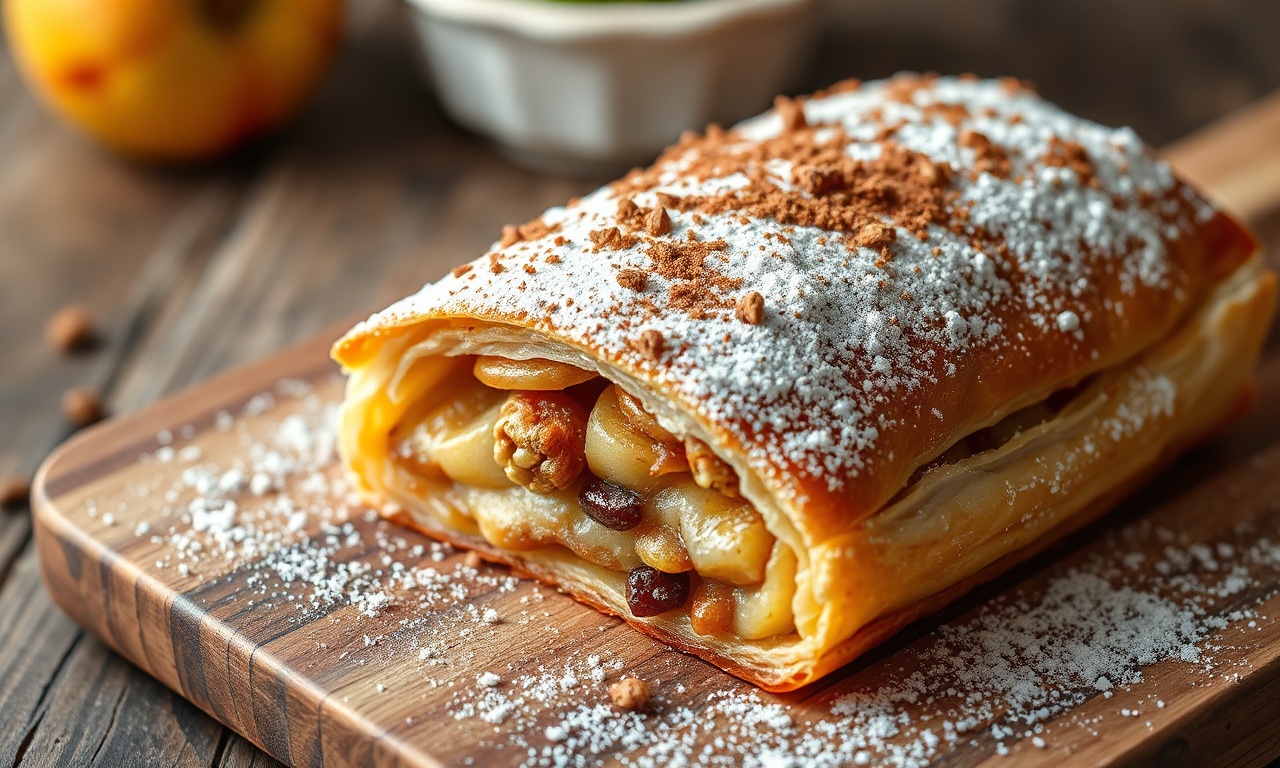 Strudel dourado e crocante, fatiado, com recheio de maçã e canela visível.