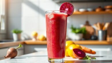 Um suco vibrante e refrescante, perfeito para preparar a pele para o sol.