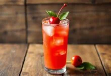 Um copo de suco de acerola vibrante e refrescante, perfeito para um dia de calor.
