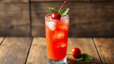 Um copo de suco de acerola vibrante e refrescante, perfeito para um dia de calor.