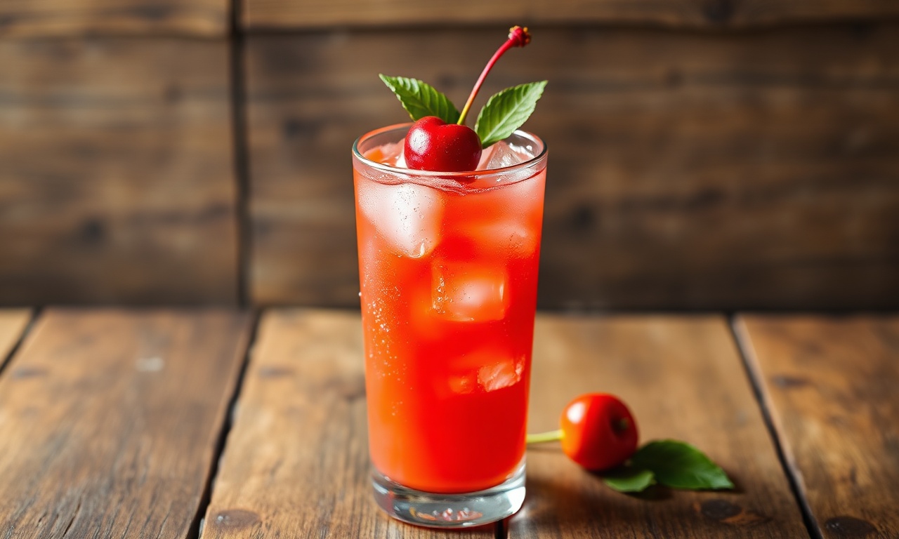 Um copo de suco de acerola vibrante e refrescante, perfeito para um dia de calor.