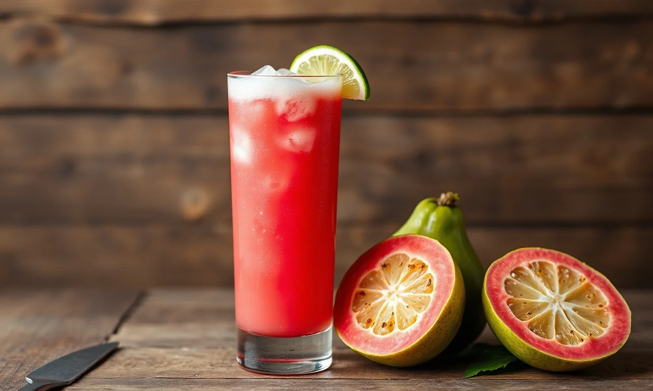 Um copo alto de suco de goiaba vibrante, com espuma natural e pedaços de gelo, servido em fundo de madeira rústica.