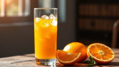 Um copo alto de suco de laranja vibrante com gotas de condensação e fatias de laranja ao lado.