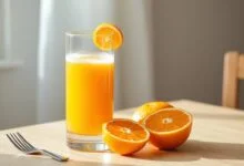 Um copo de vidro com suco de laranja fresco, vibrante e espumoso, acompanhado de meias-laranjas e um garfo, pronto em 5 minutos.