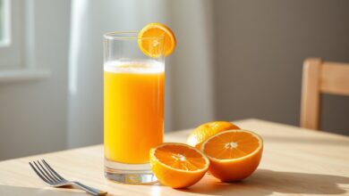 Um copo de vidro com suco de laranja fresco, vibrante e espumoso, acompanhado de meias-laranjas e um garfo, pronto em 5 minutos.