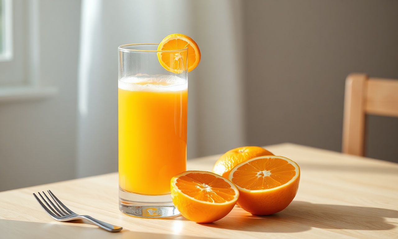 Um copo de vidro com suco de laranja fresco, vibrante e espumoso, acompanhado de meias-laranjas e um garfo, pronto em 5 minutos.