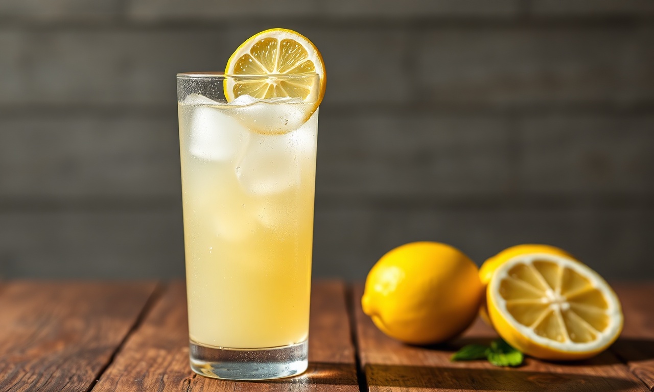 Suco De Limão Com Casca: Aromático E Pronto Em 5 Minutos 3 Um copo alto de suco de limão com casca, levemente turvo, com bastante gelo e uma rodela de limão fresco na borda, pronto para ser servido.