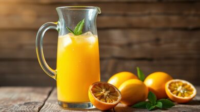 Suco de maracujá amarelo intenso servido em jarra de vidro com gelo e hortelã