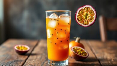 Um copo alto de suco de maracujá vibrante e alaranjado, cheio de gelo e com sementes flutuando, pronto para ser saboreado.