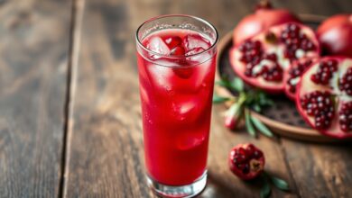 Um copo alto de suco de romã de cor vibrante e intensa, servido com gelo e alguns grãos de romã flutuando, pronto para ser saboreado.