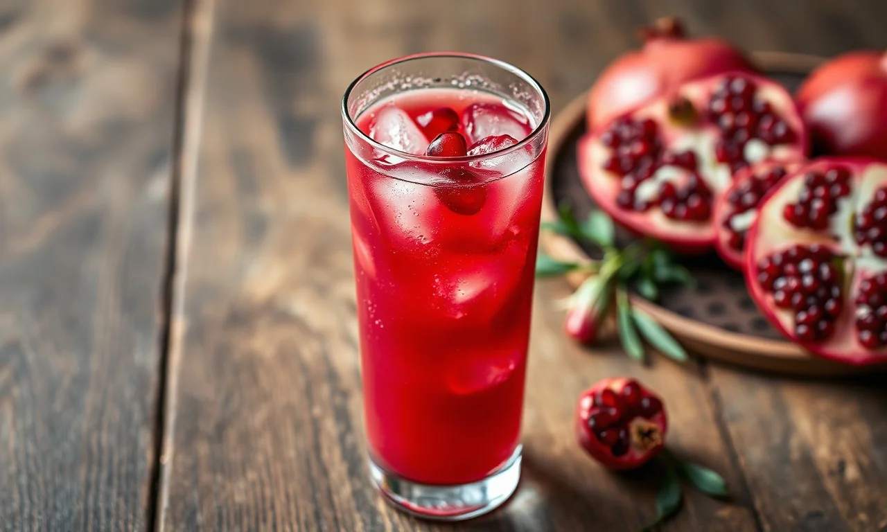 Um copo alto de suco de romã de cor vibrante e intensa, servido com gelo e alguns grãos de romã flutuando, pronto para ser saboreado.