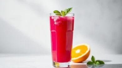 Suco Rosa Detox: Receita Fácil E Refrescante Em 5 Minutos 6 Bebida vibrante e refrescante servida em copo de vidro, com cor rosa intensa e guarnição de folhas de hortelã.