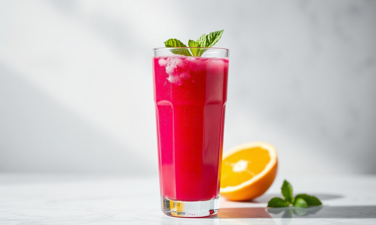 Bebida vibrante e refrescante servida em copo de vidro, com cor rosa intensa e guarnição de folhas de hortelã.