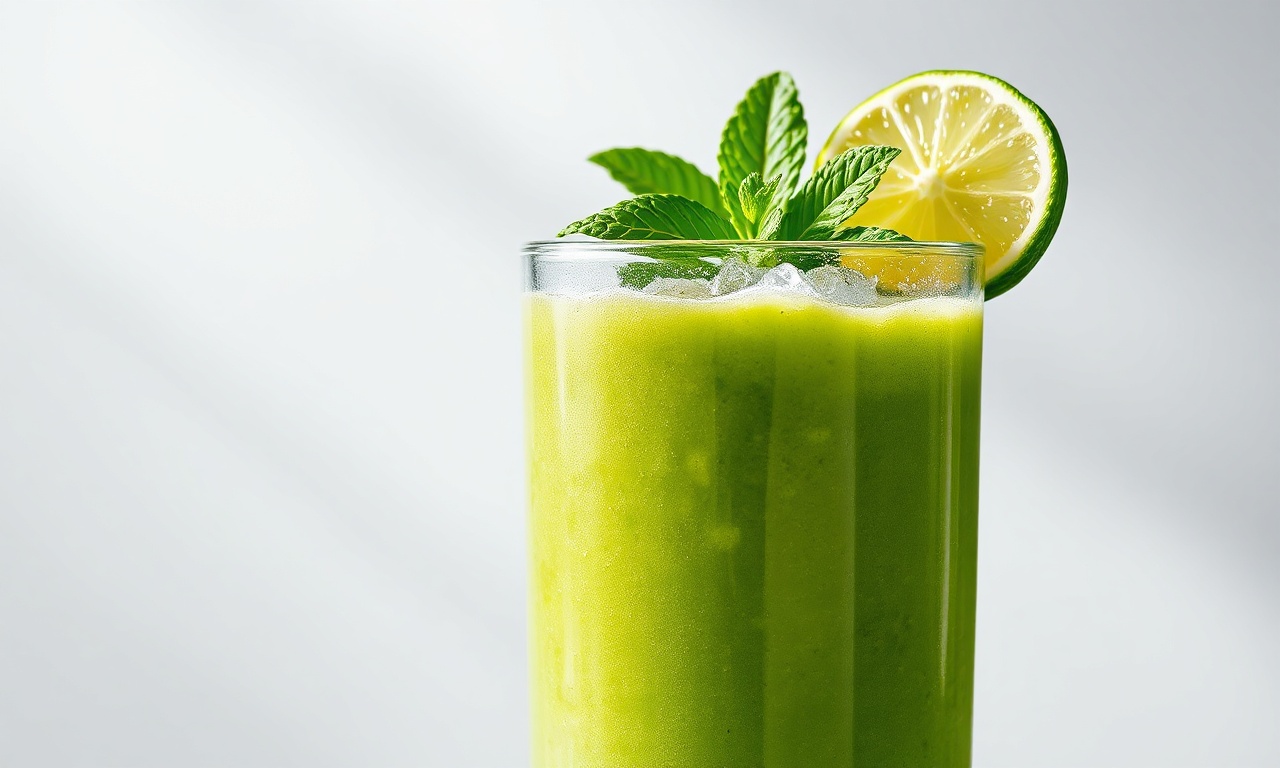 Um copo alto de vidro transparente contendo o suco verde vibrante e homogêneo, decorado com folhas de hortelã fresca e fatias de limão na borda.