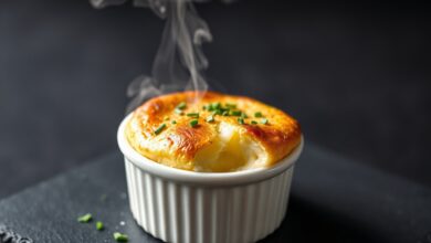 Suflê dourado e inflado, saindo do forno com interior cremoso e cheiro-verde fresco.