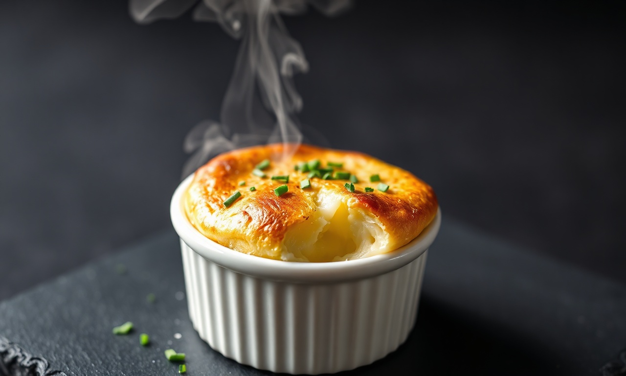 Suflê dourado e inflado, saindo do forno com interior cremoso e cheiro-verde fresco.
