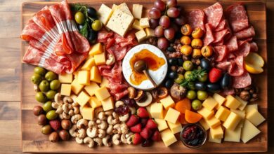 Vista ampla de uma generosa tábua de madeira recheada com queijos variados, presunto em leque, rolinhos de salame, azeitonas, uvas, morangos e castanhas, pronta para servir.