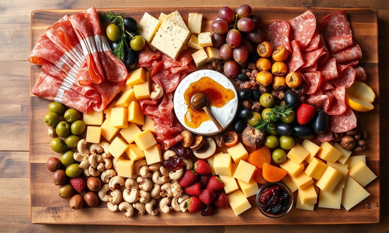 Vista ampla de uma generosa tábua de madeira recheada com queijos variados, presunto em leque, rolinhos de salame, azeitonas, uvas, morangos e castanhas, pronta para servir.