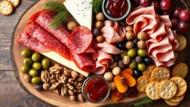 Tábua de madeira recheada com salame, queijo, presunto, azeitonas, nozes, uvas e torradinhas, pronta para servir.