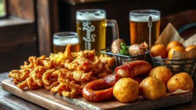 Uma mesa rústica com diversos petiscos de boteco dourados e crocantes, prontos para acompanhar uma cerveja gelada.