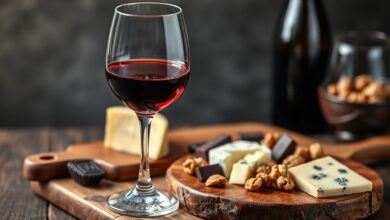 Uma taça elegante de Vinho do Porto Ruby, com tons rubi profundos, acompanhada de uma tábua com queijos curados e chocolate amargo.