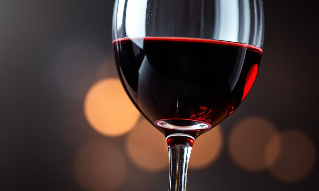 Close-up da cor e textura de um vinho tinto jovem e frutado em uma taça.