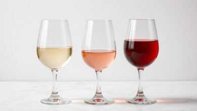 Três taças elegantes de vinho (branco pálido, rosé e tinto rubi) alinhadas sobre uma superfície clara, demonstrando a paleta de cores do vinho.