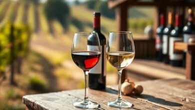 Taças elegantes de vinho tinto e branco sobre uma mesa de madeira rústica, com garrafas ao fundo e luz natural suave.
