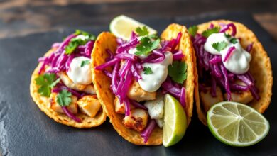 Tacos montados com lascas de peixe, salada colorida e creme branco