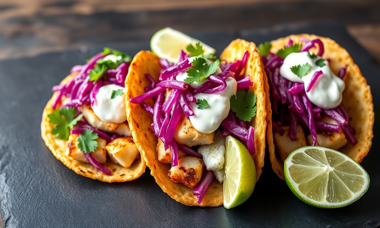 Tacos De Peixe Grelhado: Receita Fácil Com Tortilha Crocante 3 Tacos montados com lascas de peixe, salada colorida e creme branco