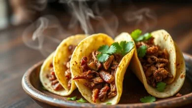 Tortilhas de milho quentinhas recheadas com carne desfiada macia e finalizadas com coentro fresco vibrante.