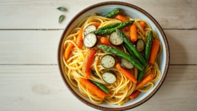 Massa al dente com legumes vibrantes e raspas de limão, prato perfeito para um almoço rápido e colorido.