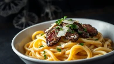 Fios de talharim al dente envoltos em molho cremoso e lascas de parmesão, com tiras douradas de filé mignon macio e toque de salsinha fresca.
