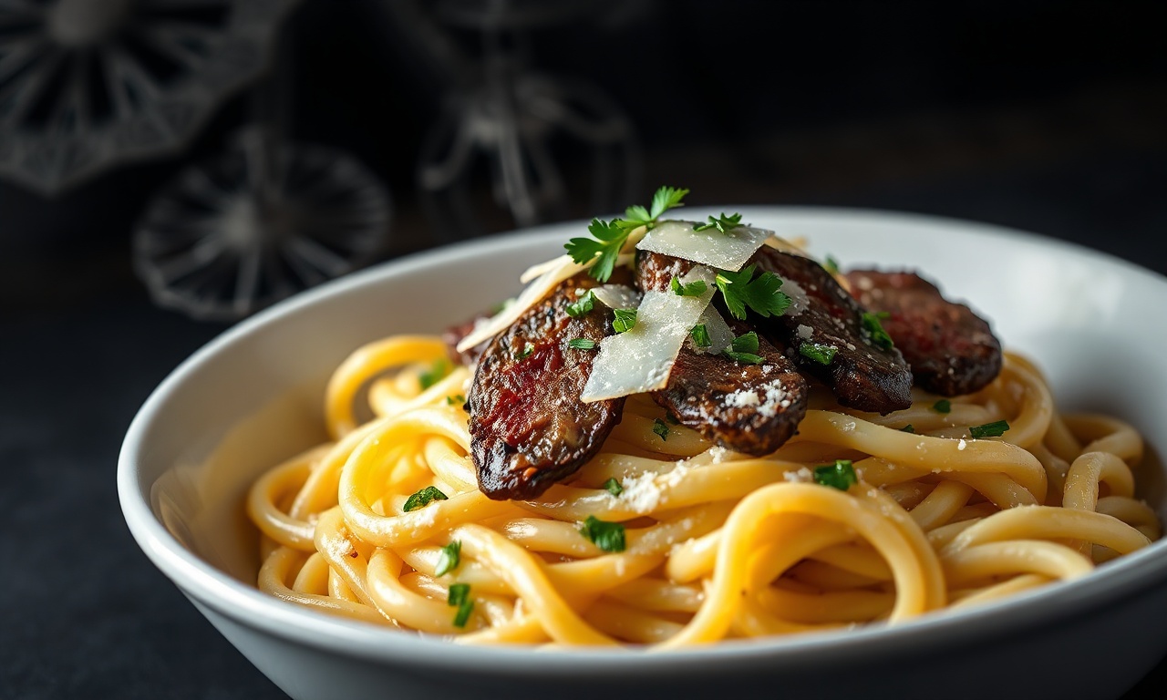 Fios de talharim al dente envoltos em molho cremoso e lascas de parmesão, com tiras douradas de filé mignon macio e toque de salsinha fresca.