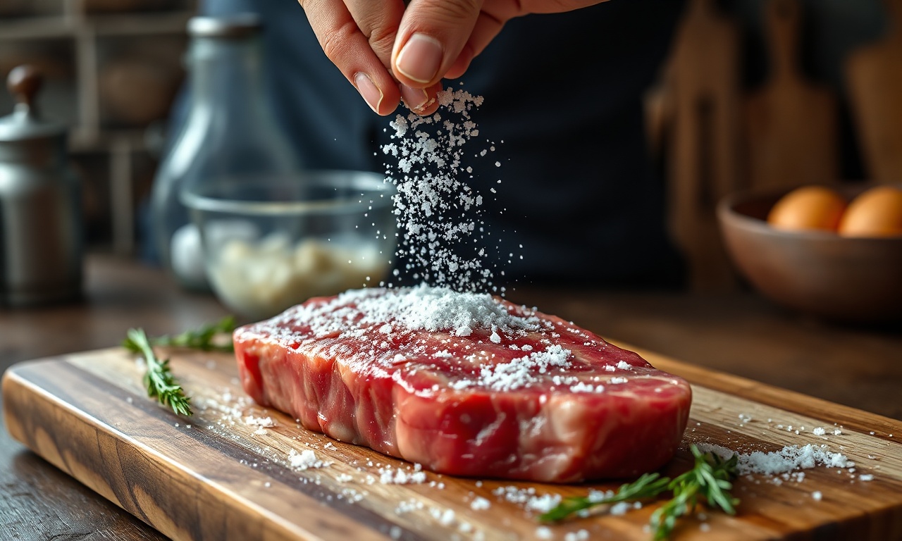 Mão salgando a picanha antes de ir para o fogo.