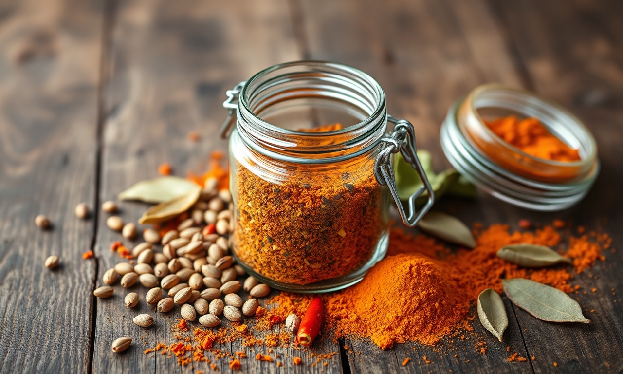 Tempero Baiano Caseiro: Pronto Em 15 Min Com 8 Ingredientes 3 Pote de vidro aberto com a mistura de tempero baiano caseiro de cor alaranjada vibrante, acompanhado dos ingredientes principais como grãos de coentro, folhas de louro e pimenta, sobre uma superfície de madeira rústica.