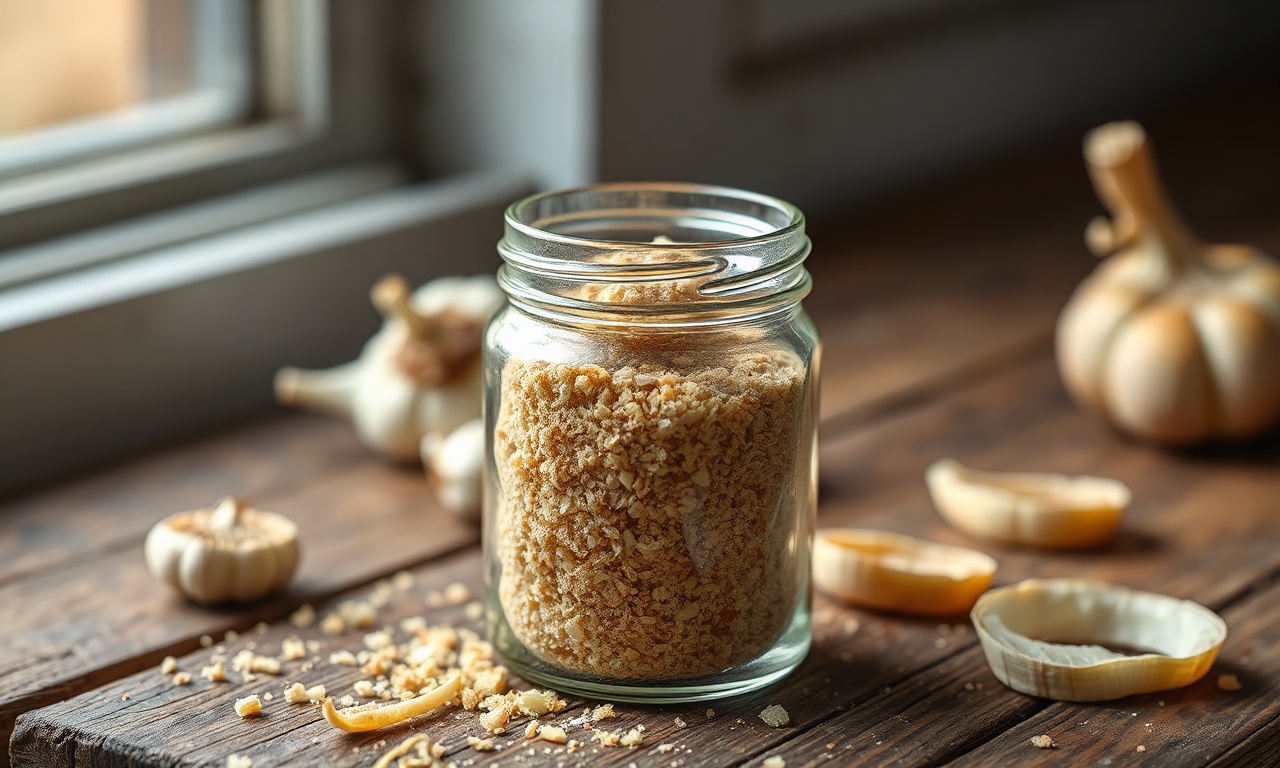Pote de vidro com tempero granulado dourado, exalando aroma caseiro.