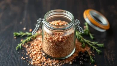 Pote de vidro aberto com tempero caseiro marrom-avermelhado, com páprica defumada e sal grosso visíveis, sobre superfície rústica de madeira.