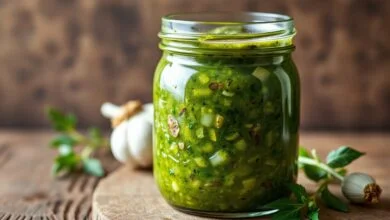 Um pote de vidro cheio de tempero mineiro caseiro, com cor verde intensa e pedaços de alho e cheiro-verde visíveis, pronto para usar na cozinha.