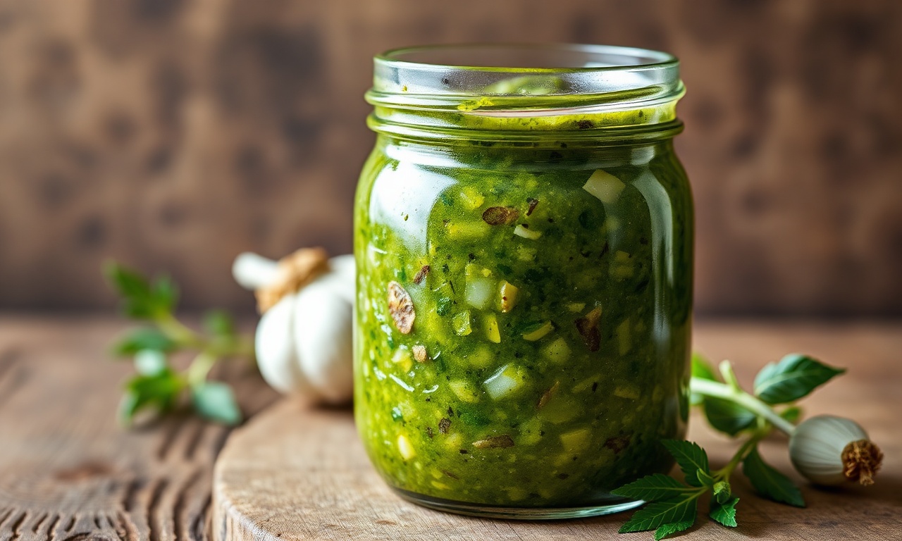 Tempero Mineiro Caseiro: A Base Aromática Para Feijão E Carnes 3 Um pote de vidro cheio de tempero mineiro caseiro, com cor verde intensa e pedaços de alho e cheiro-verde visíveis, pronto para usar na cozinha.