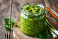 Um pote de vidro transparente com a pasta verde vibrante do tempero pega marido, acompanhado de folhas frescas de salsa e cebolinha.