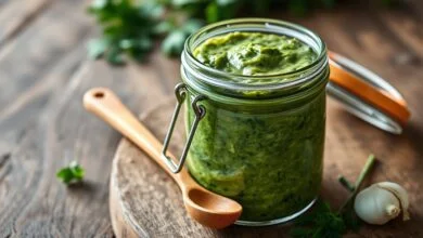 Pote de vidro transparente com tempero verde cremoso, cor vibrante, colher de madeira apoiada ao lado