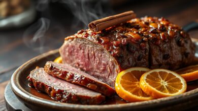Fatias de tender com laranja e especiarias, com crosta dourada e brilhante, dispostas sobre uma travessa de cerâmica, rodeado por fatias de laranja caramelizado e aromas de canela.