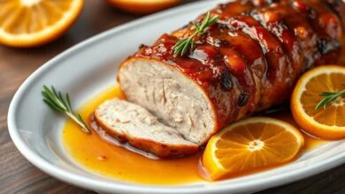 O tender perfeitamente dourado, coberto por um molho brilhante e caramelizado, fatiado para revelar o interior suculento.