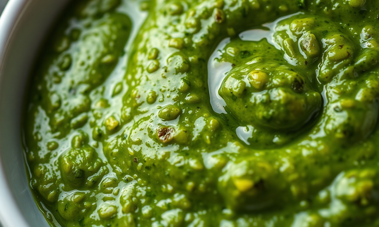 Close-up da textura rústica e cremosa do pesto pronto, com pequenos pedaços visíveis.