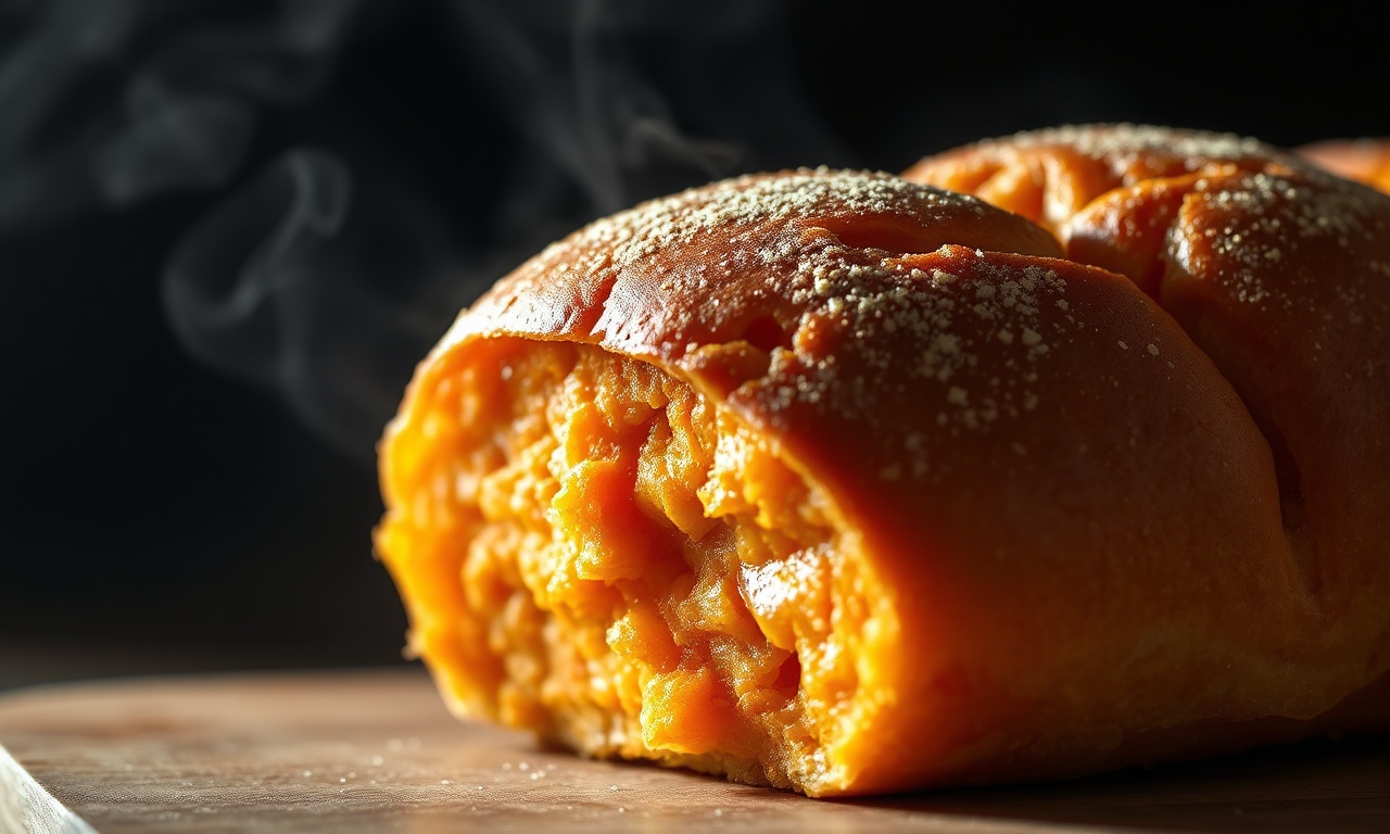 Pãozinho De Batata-Doce Fit: 3 Ingredientes, 30 Minutos 6 Close-up mostrando a maciez e umidade do pãozinho partido ao meio.